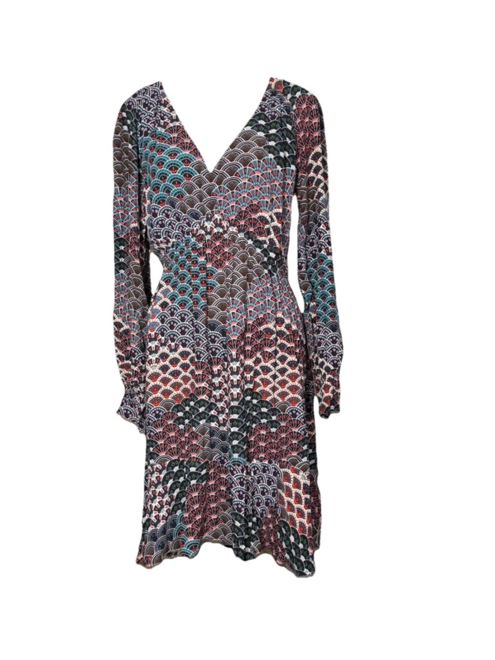 Anthropologie Maeve Monaco Empire Fan Print Mini Dress Medium Long Sleeve VNeck - Picture 3 of 10
